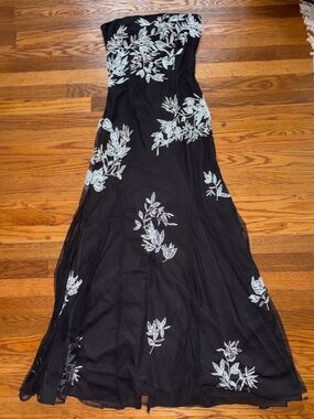 Vtg 90s Cache Strapless Beaded Black White Floral Maxi Dress Medium Formal *READ